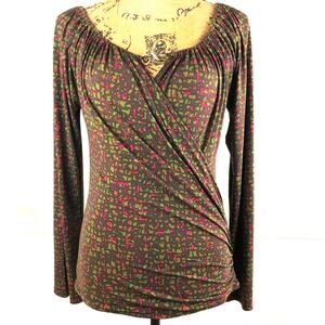 Bisou Bisou Top Brown Olive Green Pink Side Ruched V Neck with  Brass Bling Bow